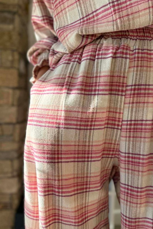 Agnes Plaid Brushed Cotton Barrel Pant Pink